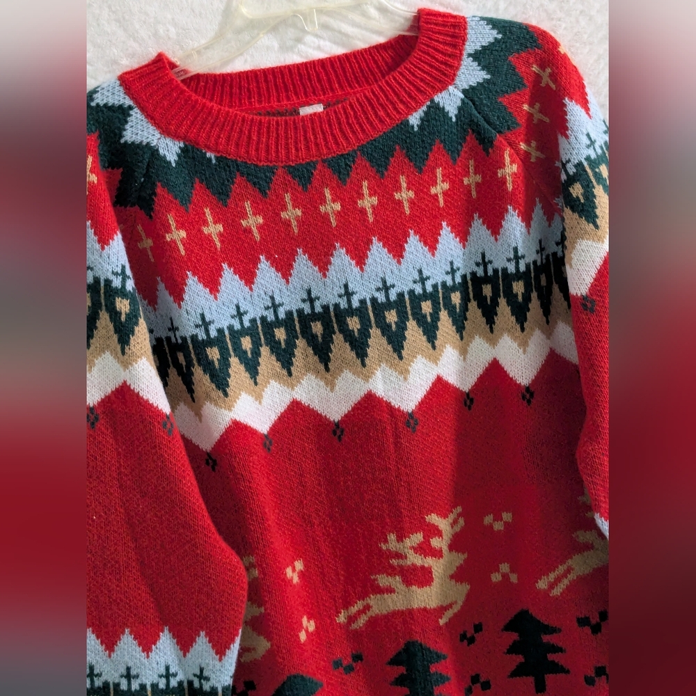 Women Fair Isle Retro Knit Christmas Sweater Sz L Red Green Reindeer Xmas Tree